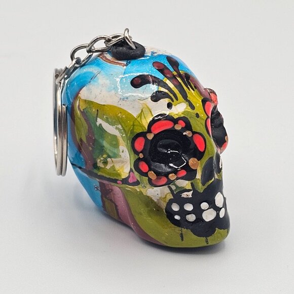 VTG Painted Skull Keychain Accessory Dia De Muertos SugarSkull Gift Abstract Art - Picture 1 of 14